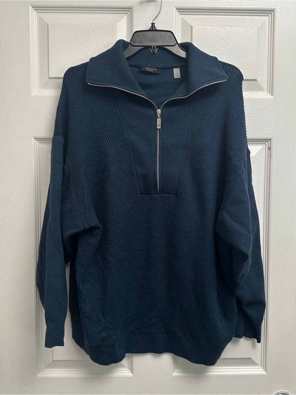 T Tahari Navy Half-Zip V-Neck Sweater
